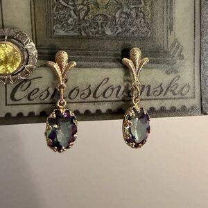 14kt solid gold green purple mystic topaz vintage dangle drop earrings